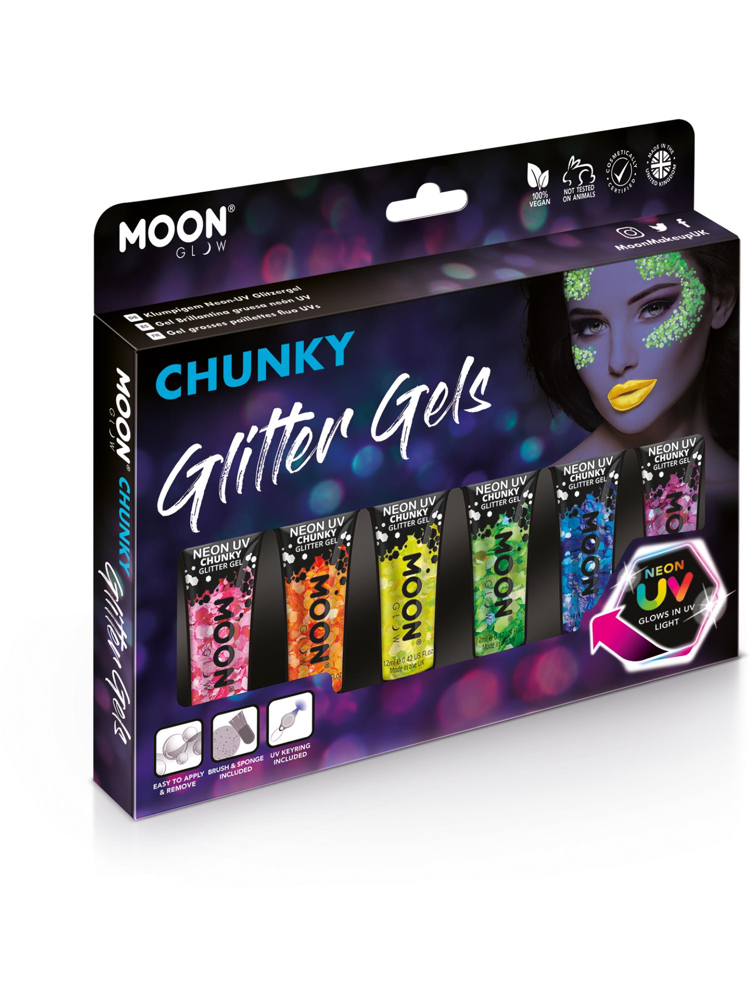 Moon Creations Glow Neon UV Chunky Glitter Gel, Assorted, 12ml Boxset