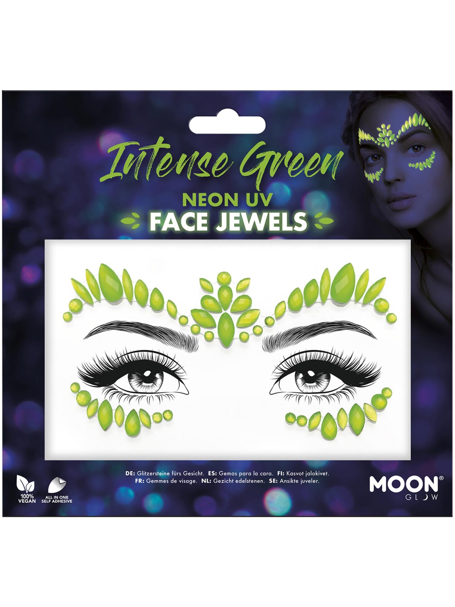 Moon Creations Glow Face Jewels, Intense Green, Neon UV