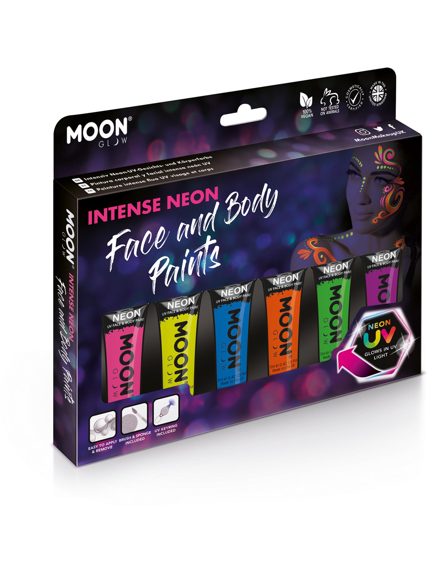 Moon Creations Glow Intense Neon UV Face Paint, Assorted, 12ml each, Boxset