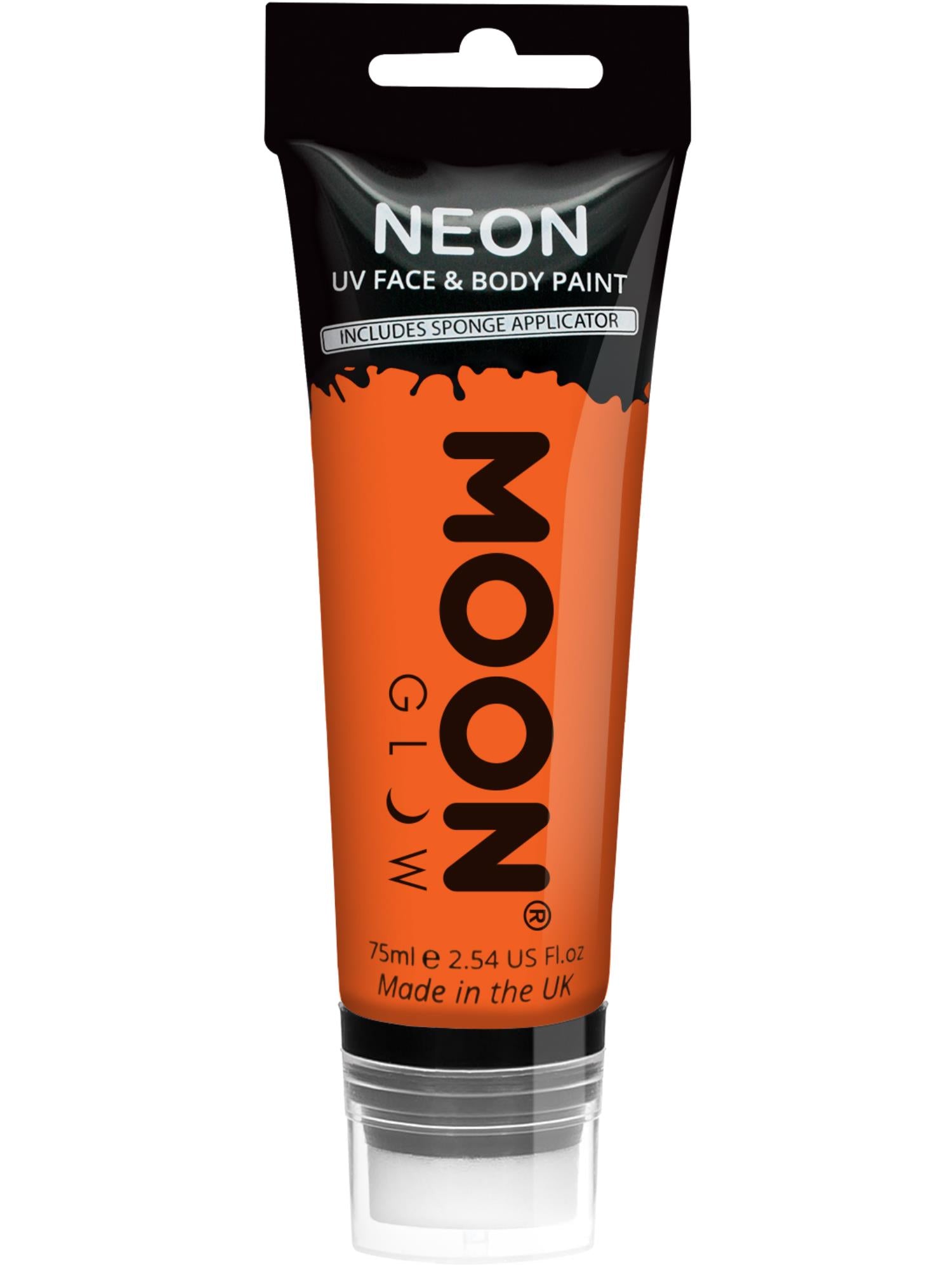 Moon Creations Glow Supersize Intense Neon UV Face Paint, Intense Orange, Single, with Sponge Applicator, 75ml