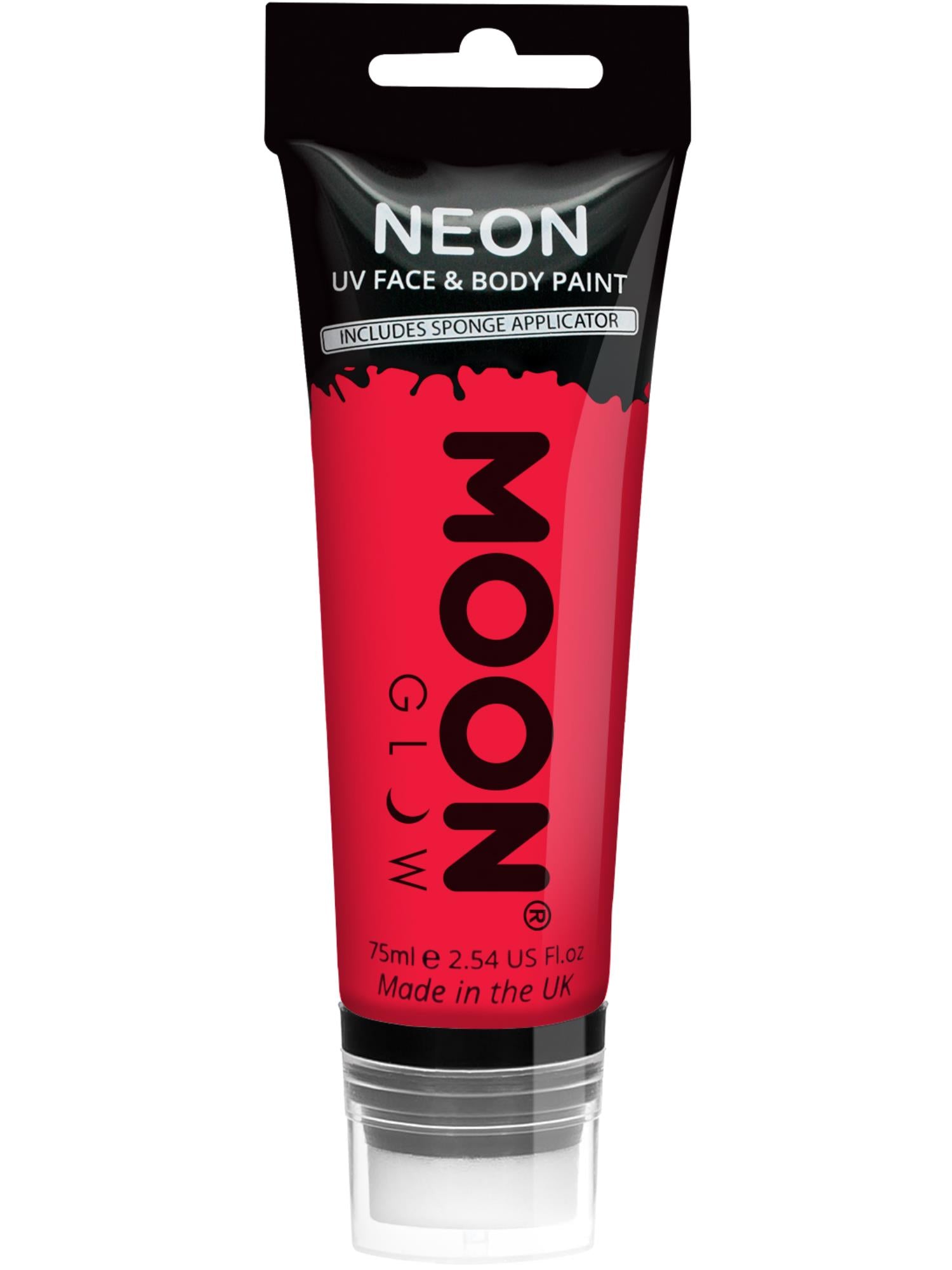 Moon Creations Glow Supersize Intense Neon UV Face Paint, Intense Red, Single, with Sponge Applicator, 75ml