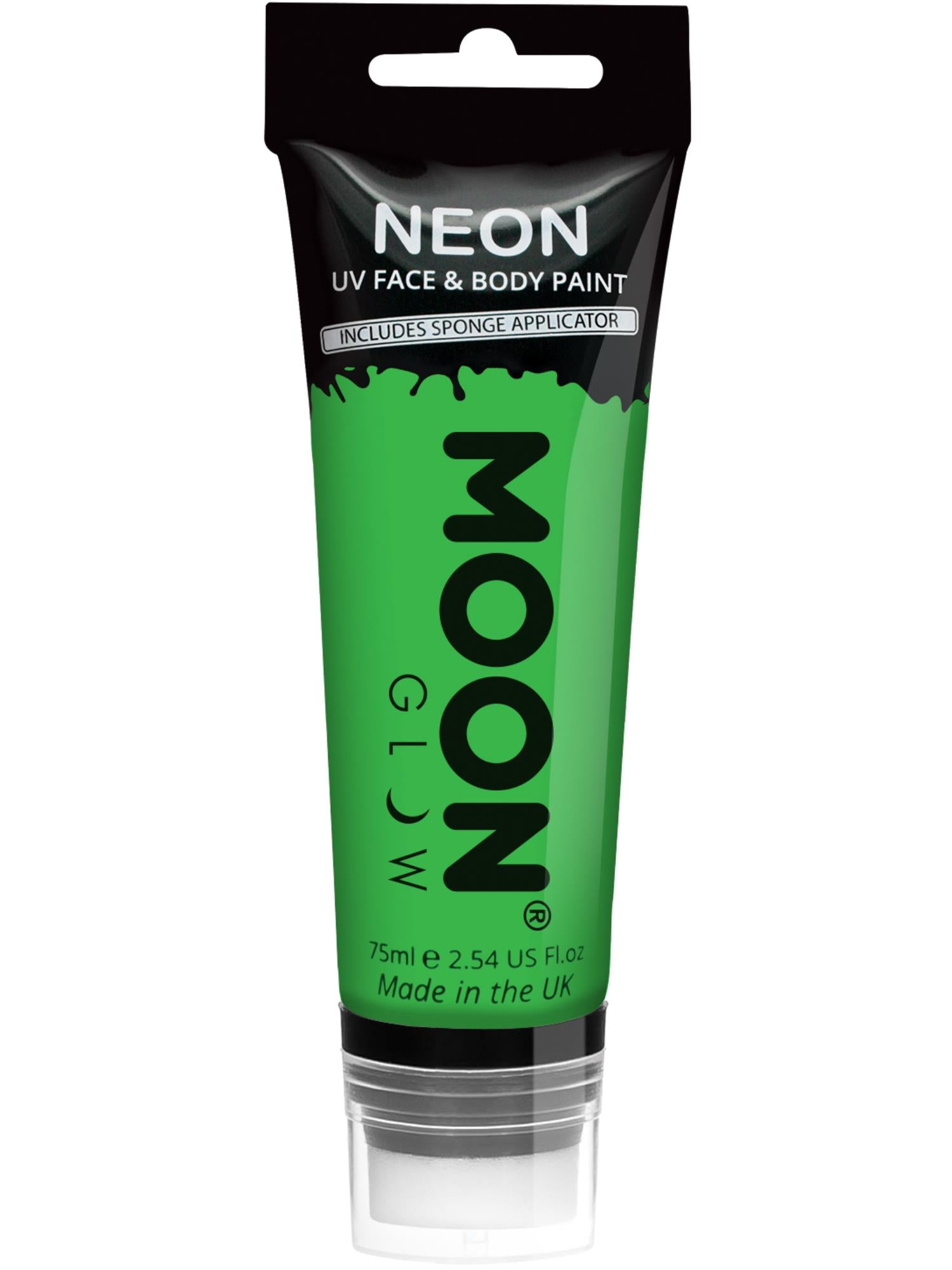 Moon Creations Glow Supersize Intense Neon UV Face Paint,  Intense Green, Single, with Sponge Applicator, 75ml