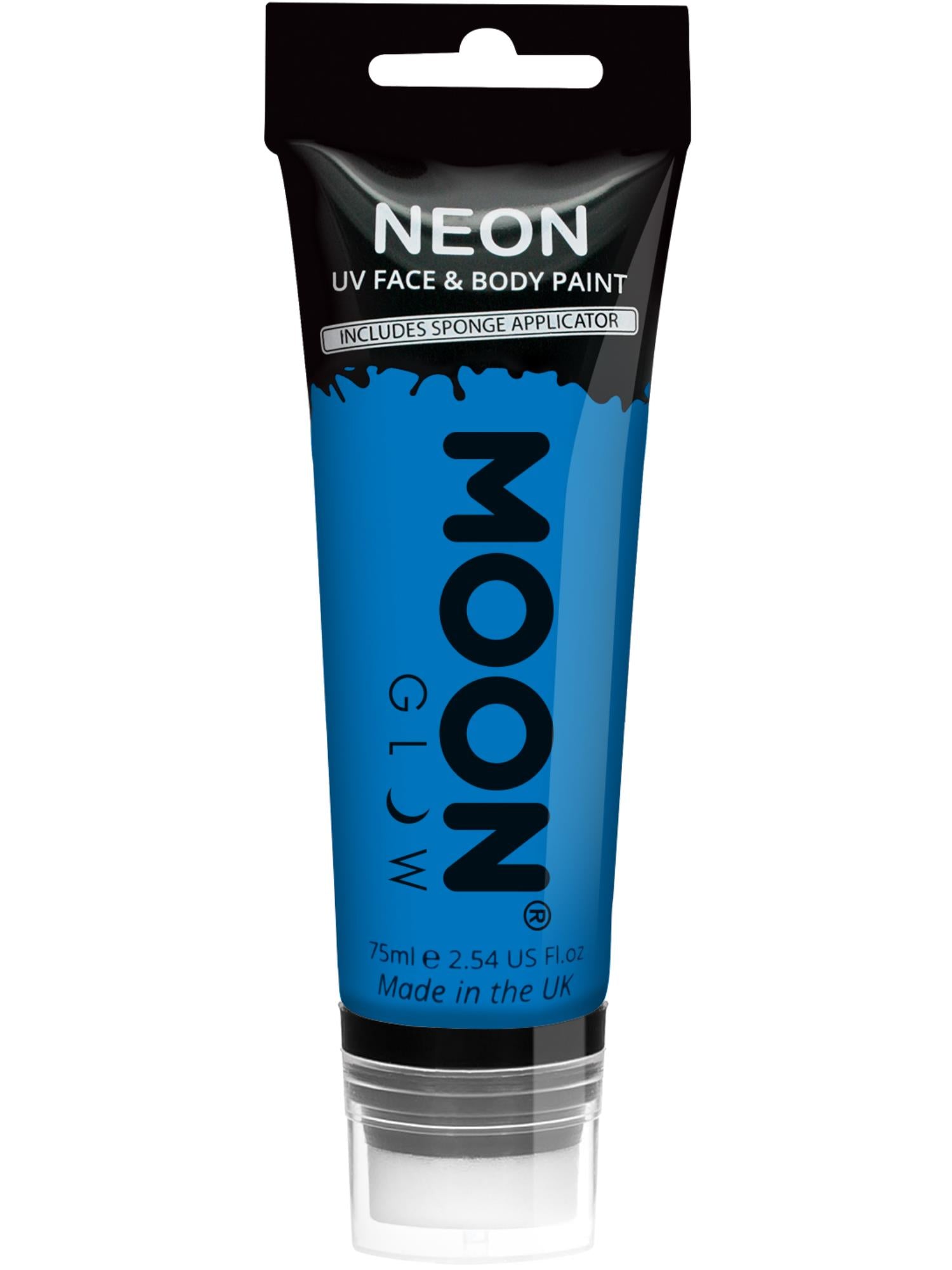 Moon Creations Glow Supersize Intense Neon UV Face Paint, Intense Blue, Single, with Sponge Applicator, 75ml