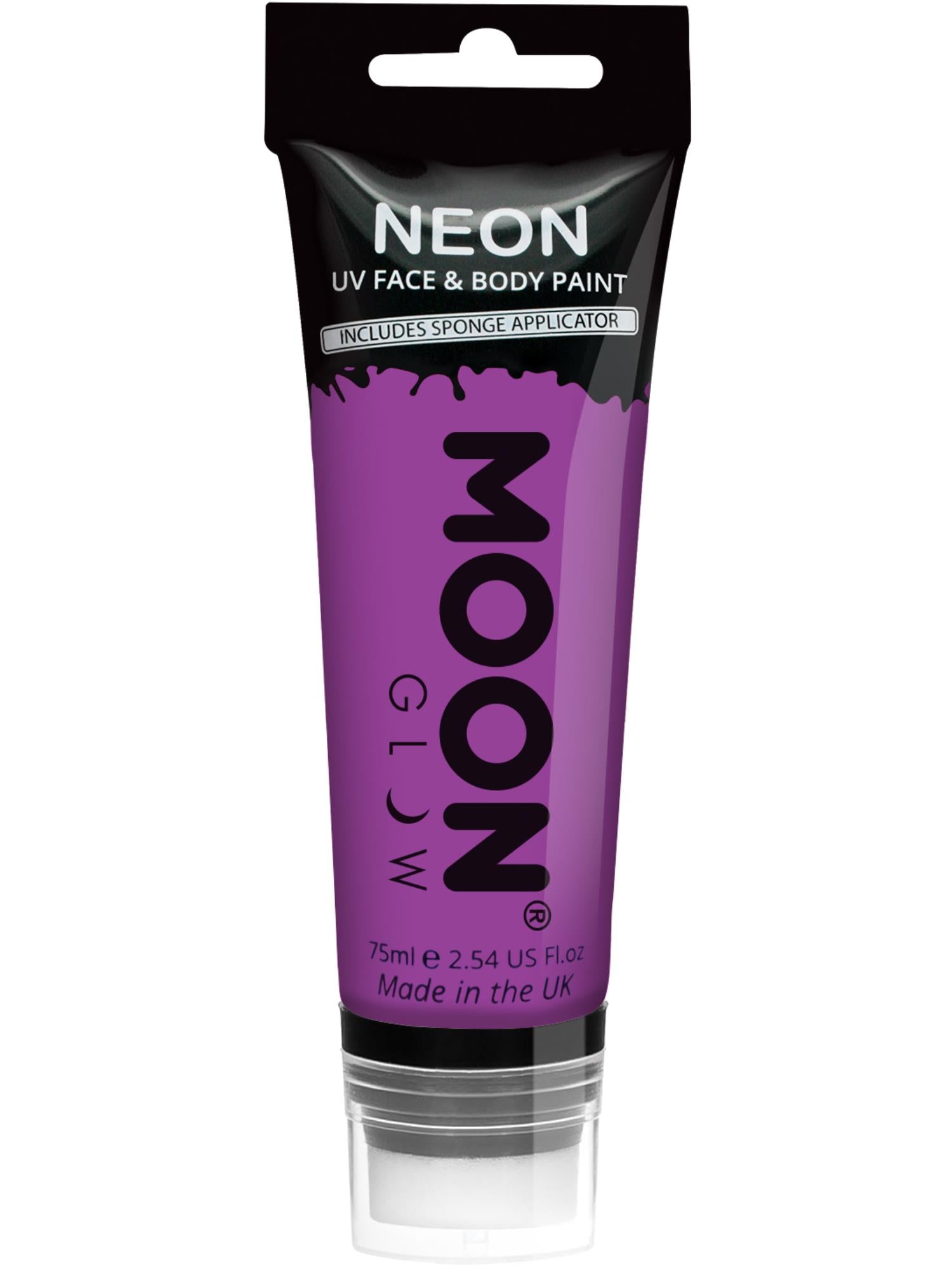 Moon Creations Glow Supersize Intense Neon UV Face Paint, Intense Purple, Single, with Sponge Applicator, 75ml
