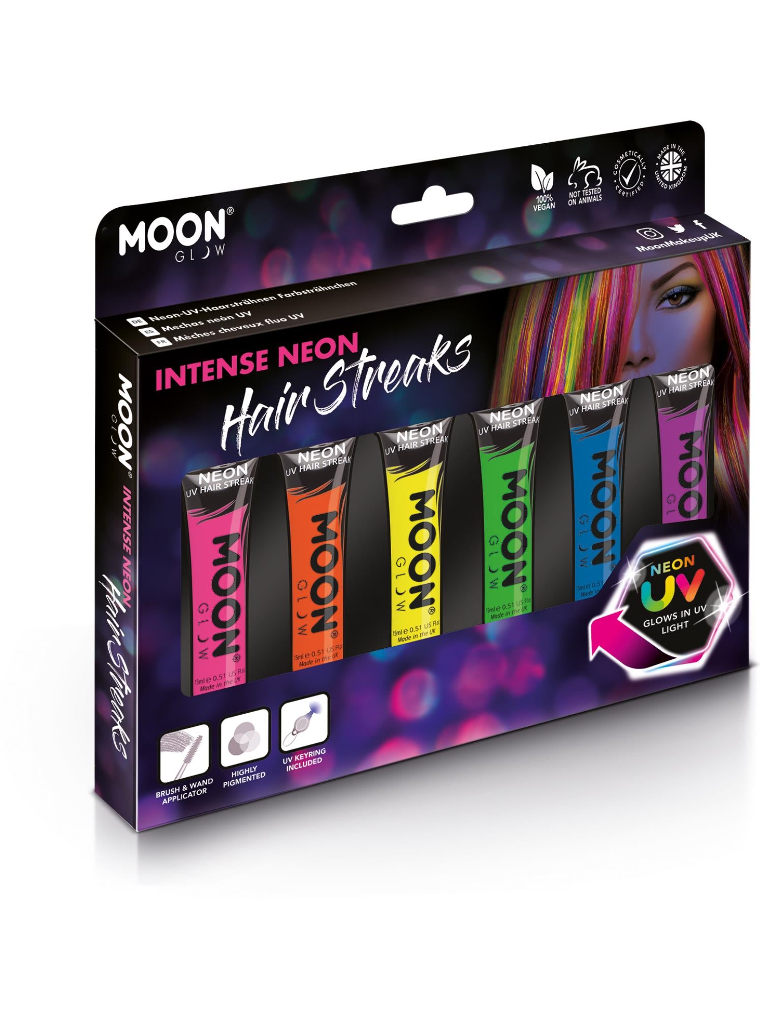 Moon Creations Glow Intense Neon UV Hair Streaks, Assorted, Boxset, 15ml