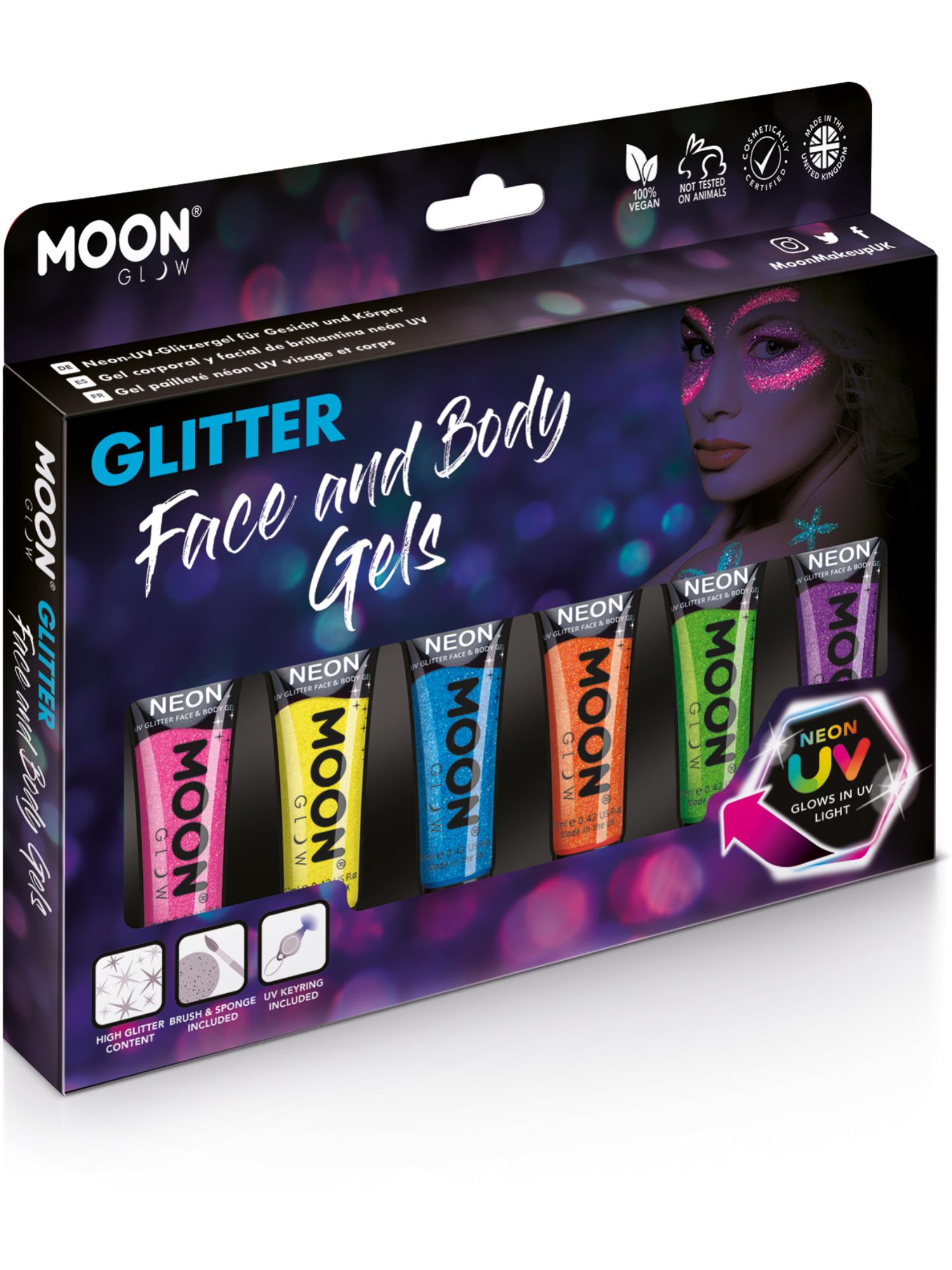 Moon Creations Glow Neon UV Fine Glitter Gel, Assorted, Boxset, 12ml