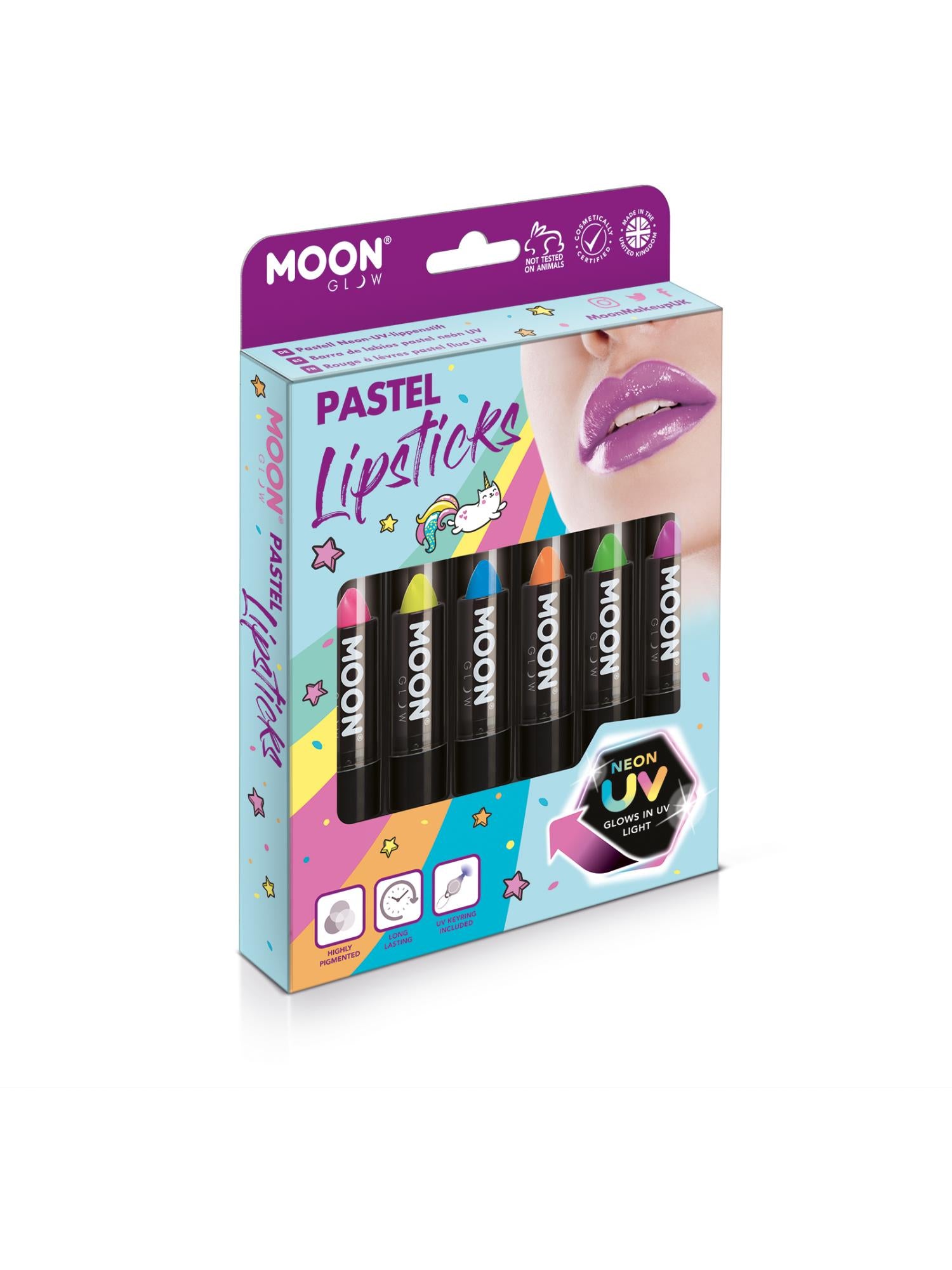 Moon Creations Glow Pastel Neon UV Lipstick, Assorted, Boxset, 4.2g