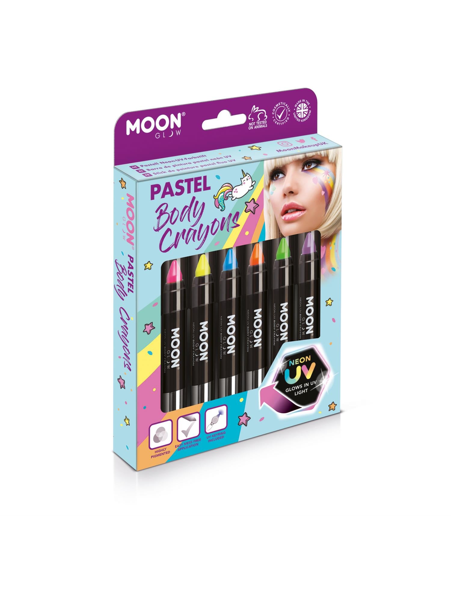 Moon Creations Glow Pastel Neon UV Body Crayons, Assorted, Boxset, 3.2g