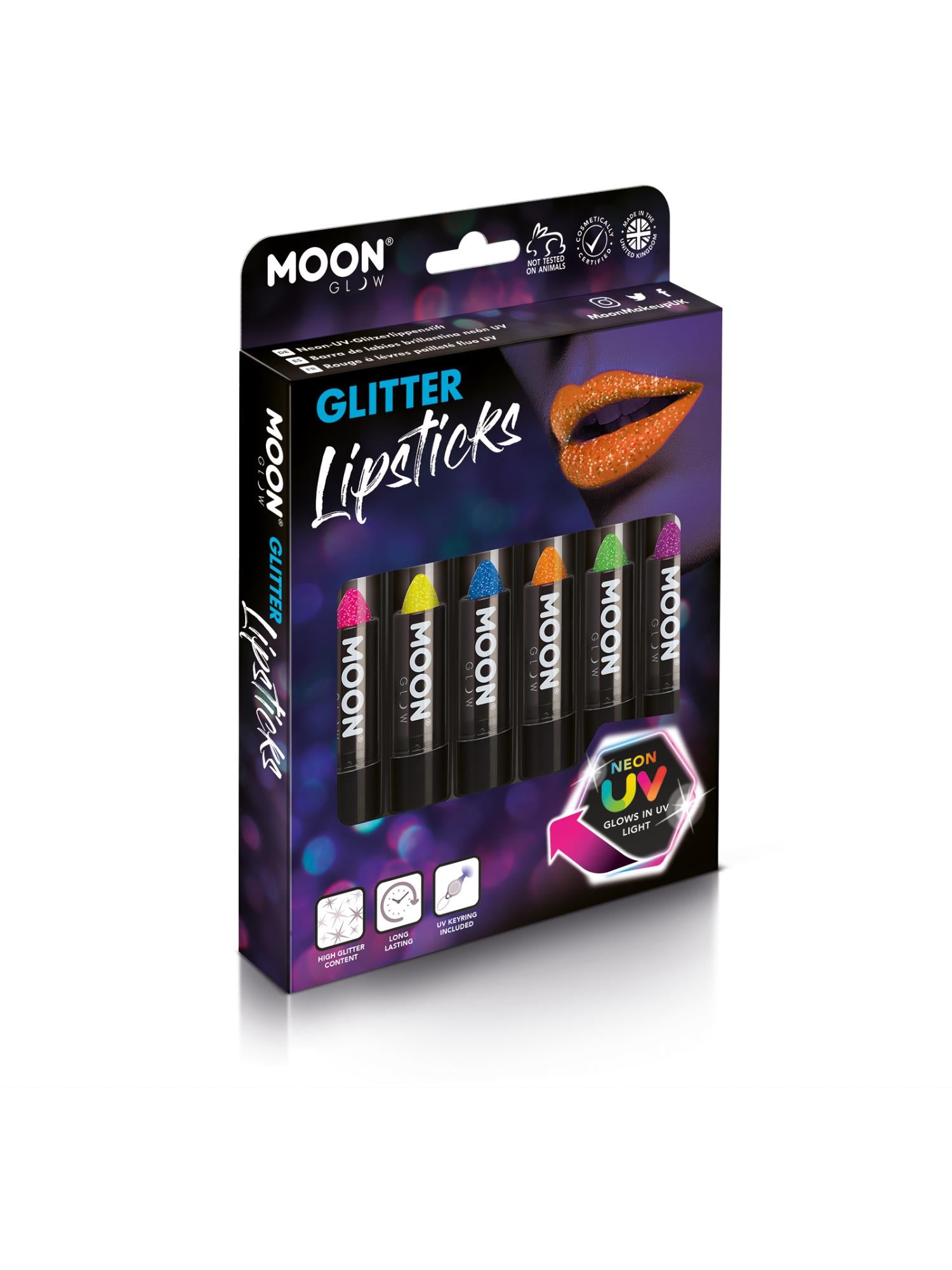 Moon Creations Glow Neon UV Glitter Lipstick, Assorted, 4.2g Boxset