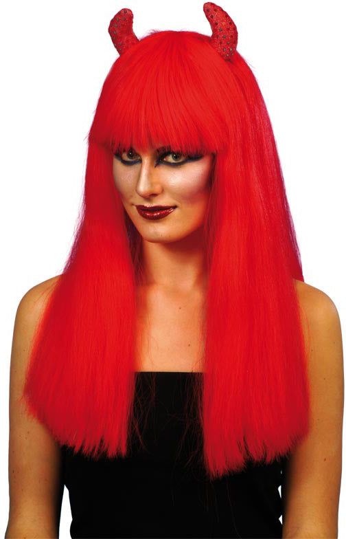 Devil Wig, Long Red With Red Sequin Horns ,Smiffys fancy dress