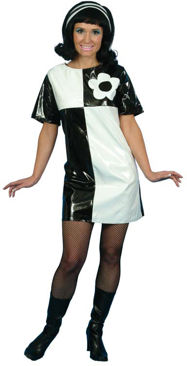 60'S Mini Shift Dress, PVC, Black & White Smiffys fancy dress