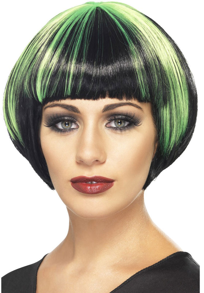 Quirky Bob Wig, Black with Green Streaks