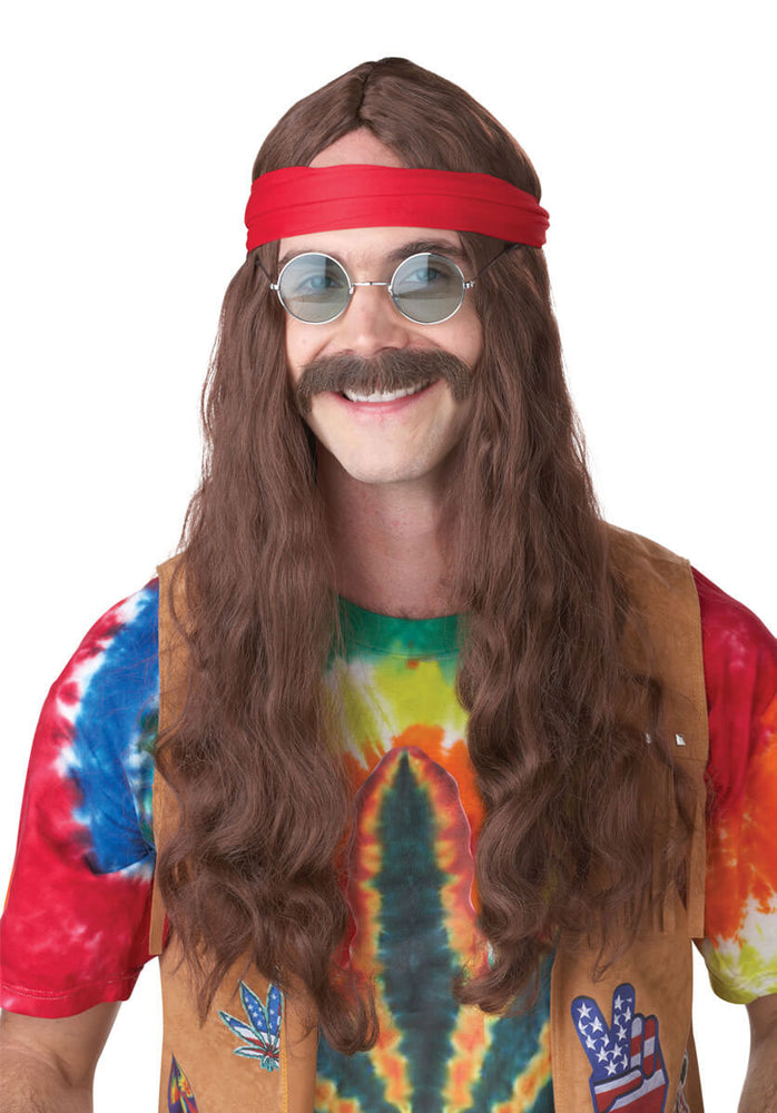 Hippy Man Wig & Moustache, Brown