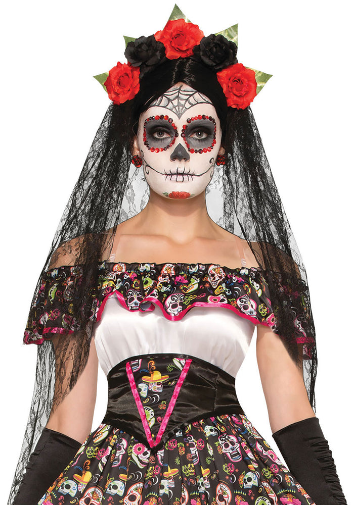 Day of the Dead Flower Headband with Veil