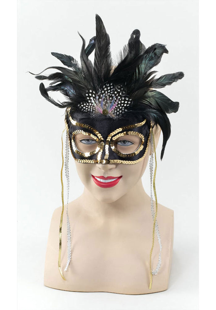 Black and Gold Feather Sequinned Mask