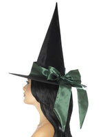 Deluxe Witch Hat, Black, with Green Bow48023