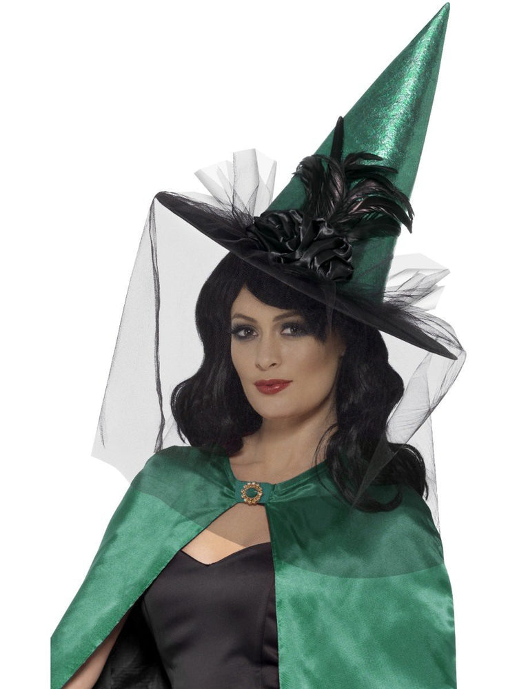 Deluxe Witch Hat, Teal, with Feathers & Netting45099