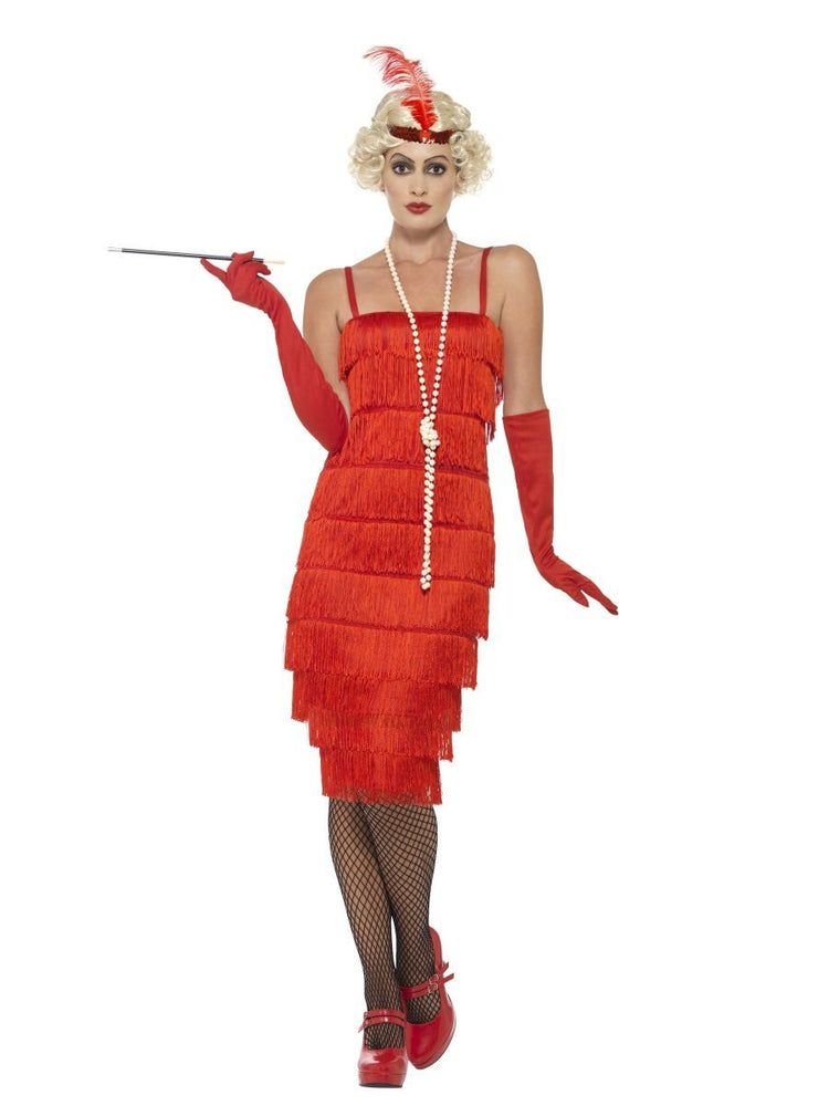 Smiffys Flapper Costume, Red, with Long Dress - 45501