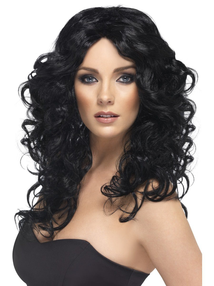 Glamour Wig Black comma Long Curly Wig 80s and 90s Style Escapade