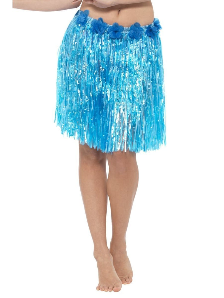 Smiffys Hawaiian Hula Skirt with Flowers, Neon Blue - 45555