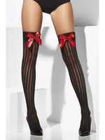 Striped Sheer Hold Ups, Black With Red Bow