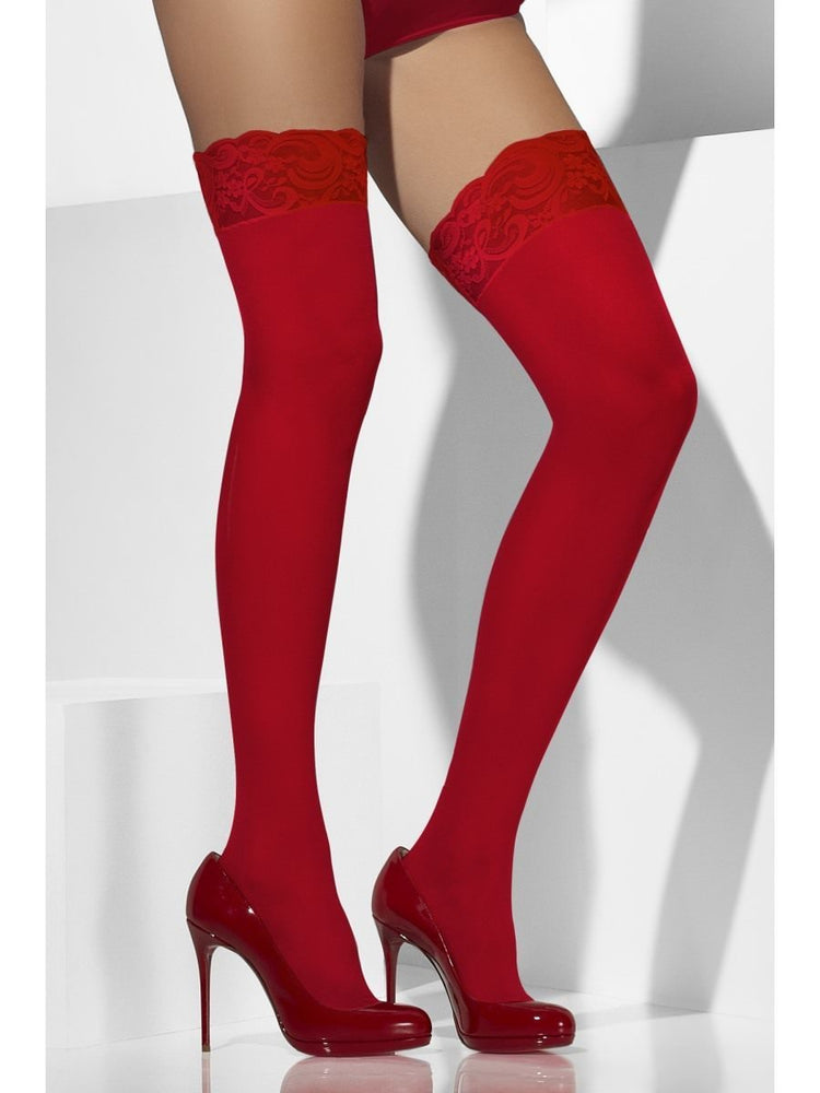 Sheer Hold Ups, Red, Lace Tops