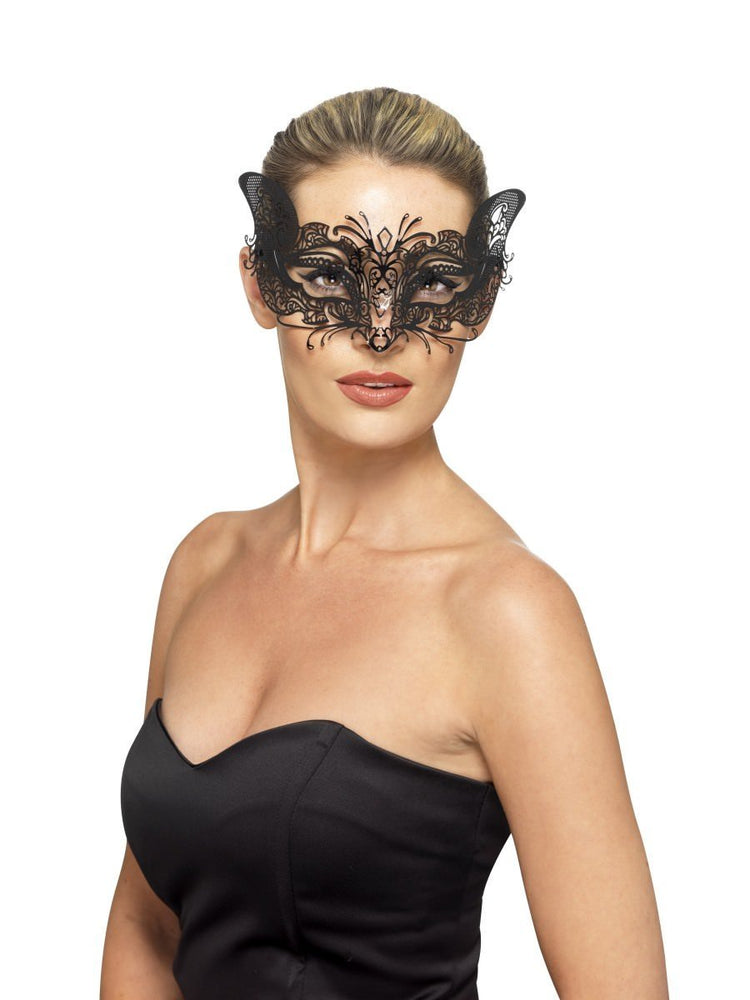 Venetian Metal Filigree Feline Eyemask, Black